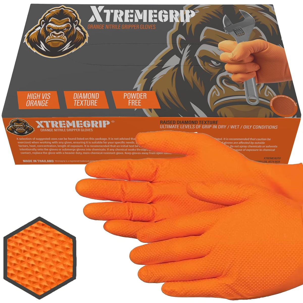 Xtremeauto Nitrile Gloves: Heavy-Duty Diamond Grip Disposable Gloves in Orange - Latex-Free, Powder-Free, and Extra Strong