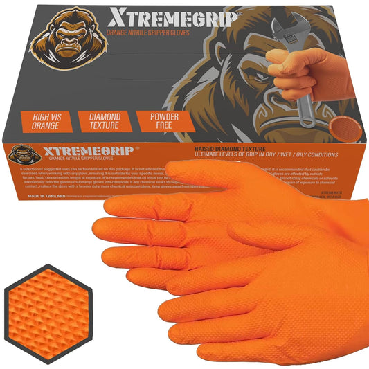 Xtremeauto Nitrile Gloves: Heavy-Duty Diamond Grip Disposable Gloves in Orange - Latex-Free, Powder-Free, and Extra Strong